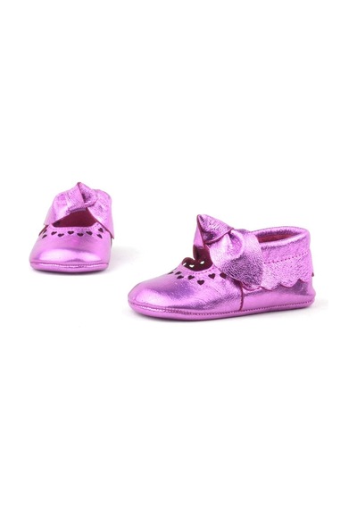 Hapshoe Kids Hakiki Deri Fuşya Fiyonklu Lastikli Bebek Patik Pembe