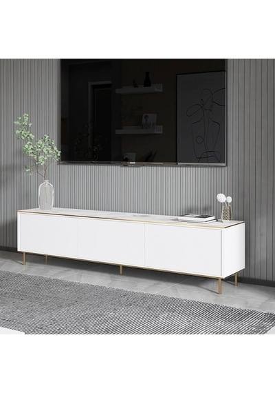 Tv Sehpası Kozan Beyaz Mermer Desen Gold 180 Cm