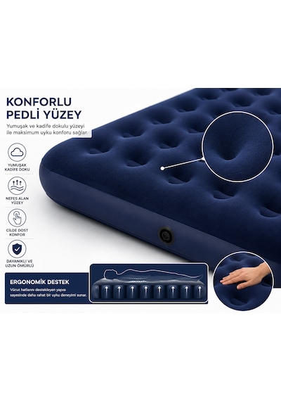 Çift Kişilik Şişme Yatak 300 Kg Taşıma Kapasiteli Elektrikli Pompalı 197x137x22 Cm Lacivert