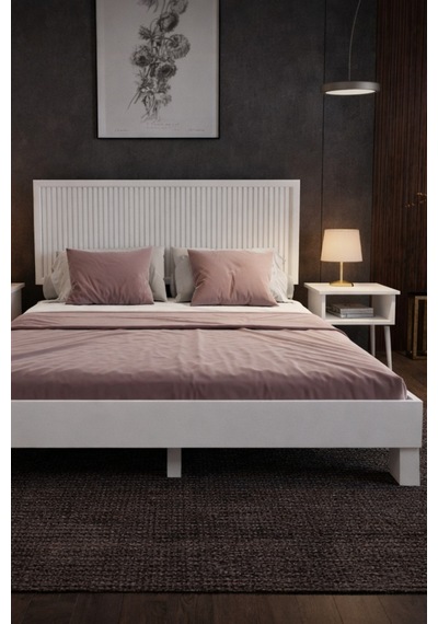 Renazzo Alaz Dikey Başlıklı Masif Ahşap Karyola Ve 2 Adet Beyaz 200x200 Beyaz - 200 X 200