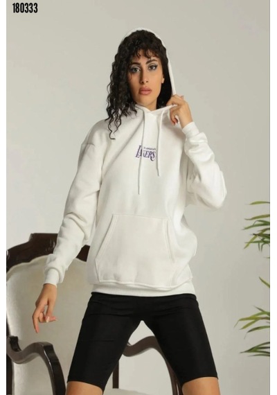 Modayakamoz 24 Sırt Baskılı Ovresize Üç İplik Kapüşonlu Sweatshirt Beyaz Beyaz