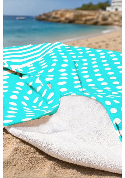 Puantiyeli Çizgili Turkuaz Beyaz Plaj Havlusu - Marine Modern Mikrofiber Hızlı Kuruyan Havlu Bulut Leylak