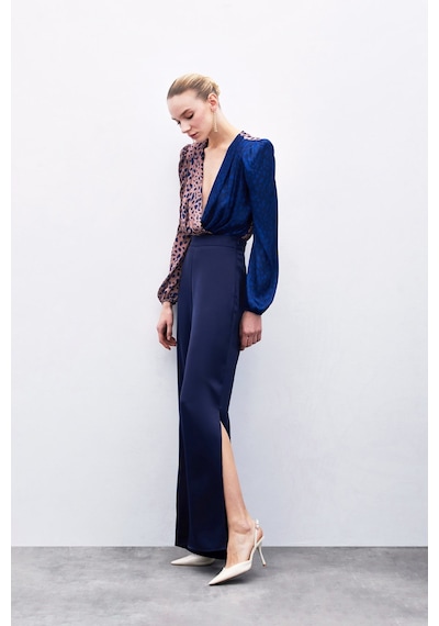 Sateen Yırtmaç Detaylı Saten Pantolon - Lacivert-135912 Lacivert
