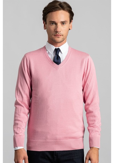 Tudors Slim Fit Dar Kesim V Yaka Pamuklu Erkek Kazak-22228 Pembe