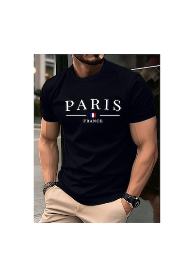 Caddemia Yaz  Rahat Gevşek Artı Boyutu Paris Fransız Baskılı Spor Rahat Yuvarlak Siyah 2XL