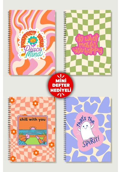 Huzurlu Ve Mutlu Temalı 4'lü Set A5 Metal Spiralli 2 Ad. Çizgili- 2 Ad. Kareli Karton Kapak Huzurlu Ve Mutlu Temalı 4'lü Set Defter Çok Renkli
