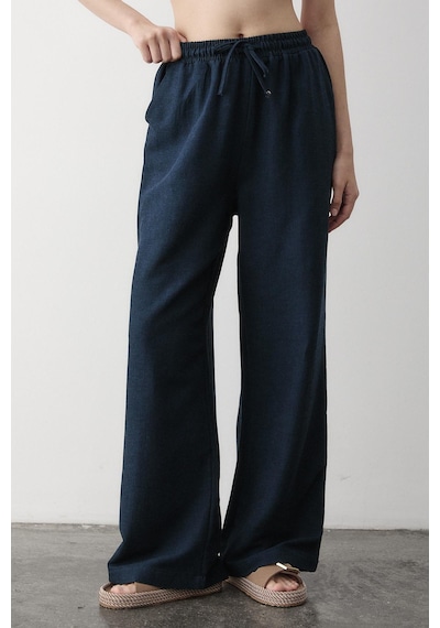 Lacivert Beli Lastikli Bol Paça Pantolon Lacivert