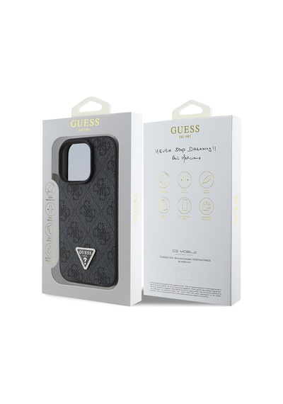 Apple Uyumlu iPhone 16 Pro Max Kılıf Guess Lisanslı Pu Deri Taşlı Üçgen Logo 4g Desenli Strass Kapak Siyah