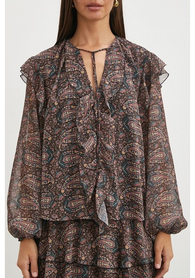 Uterpe Paisley Desenli Fırfırlı Gömlek Siyah