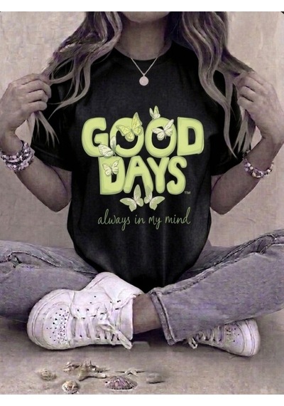 Good Days Kelebek Baskılı Kompakt T-shirt Siyah
