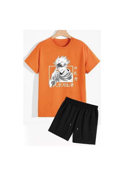 Uyguntarz Rahat Tasarım Anime Şort T-shirt Eşofman Takımı Turuncu