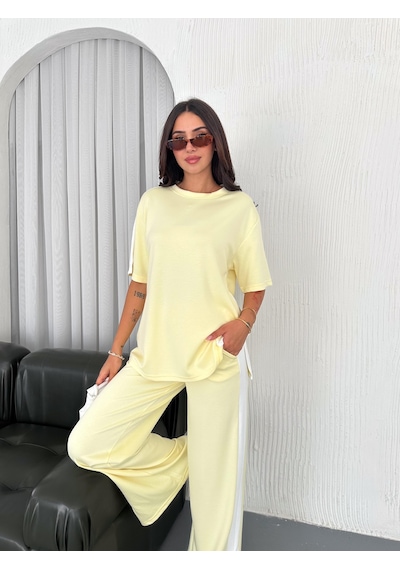 Elaxi Modal Şeritli Yırtmaç Detaylı Pantolon Tişort Takım Sarı