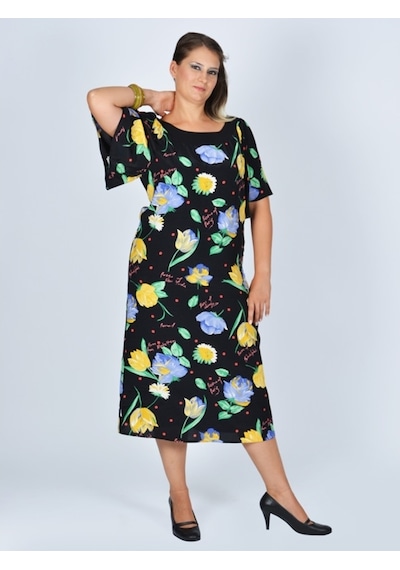 Nidya Moda Büyük Beden Çiçekli Elbise-4026Ç Siyah