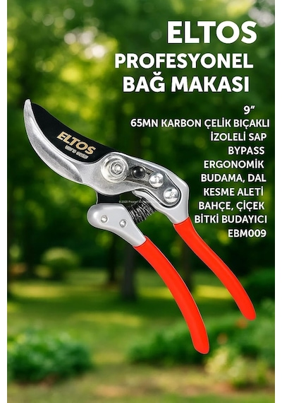 Profesyonel Bağ Makası, 9, 65mn Karbon Çelik Bıçaklı, İzoleli Sap, Bypass, Ergonomik, Budama, Dal Kesme Aleti, Ba
