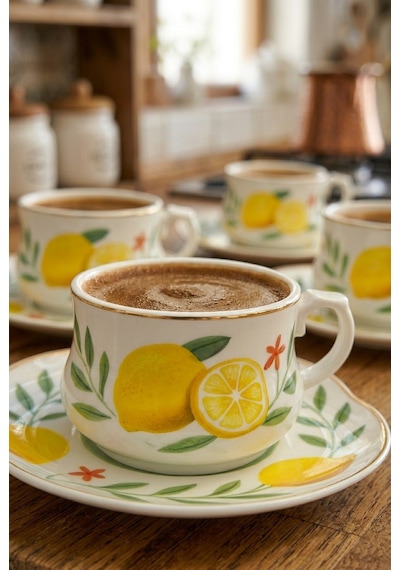 Acar Limon Desenli 6 Kişilik Kahve Fincanı Takımı 90 Ml 09502 Beyaz