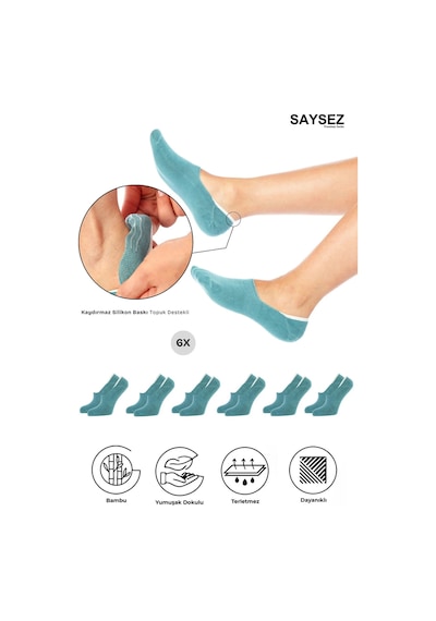 Saysez Bambu Kadın Babet Su Yeşili Çorap Dikişsiz Görünmez Kaydırmaz Topuk Silikonlu Premium 6'lı Renkli