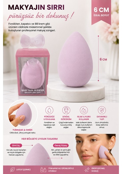 Makyaj Süngeri Pembe Beauty Blender Fondöten Ve Kapatıcı Uygulama Süngeri, 6 Cm
