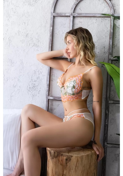 Naam Çiçekli Bralet Sütyen Ve Slip Külot Takım Ekru Çok Renkli