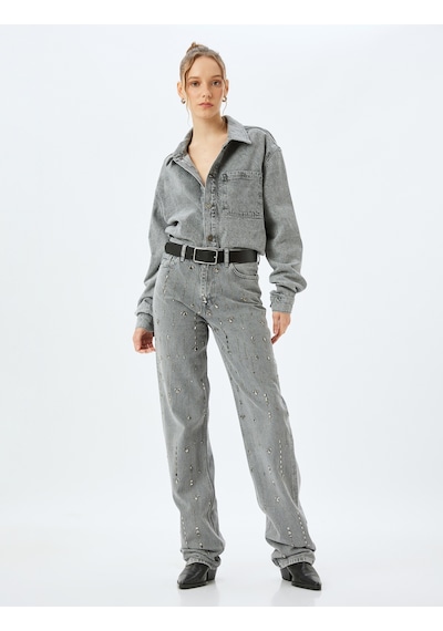 Koton Düz Uzun Paça Normal Bel Cep Detaylı Taşlı Kot Pantolon - Longer Straight Fit Jean Gri 5wal40177md Gri