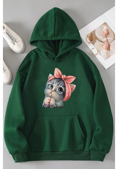 Uyguntarz Unisex Sevimli Kedi Sweatshirt Yeşil