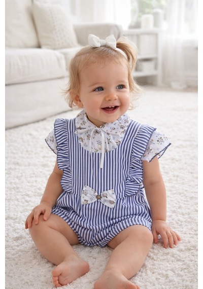 Babyhola Kız Bebek Bayramlık Takım Marin Desen Salopet Bluz 12931 Göründüğü Gibi