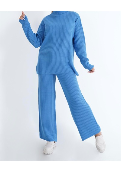 Guzelco Fitilli Triko İkili Takım - Kolu Düğmeli Tunik Ve Bol Paça Pantolon Set Mavi