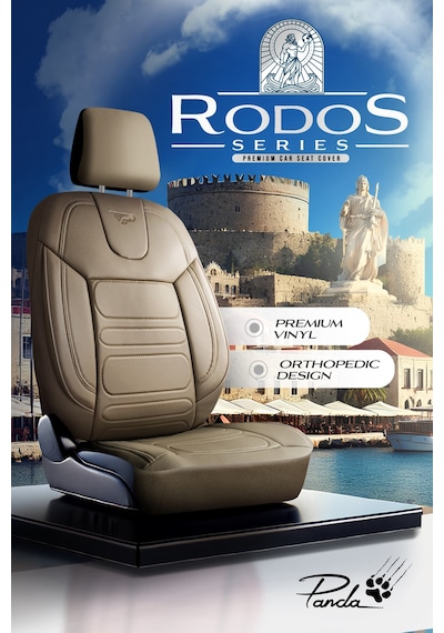 Bej - Bej Panda Rodos Serisi Deri Ortopedik Oto Koltuk Kılıfı - Tam Set