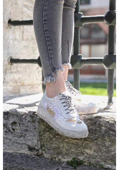 Astra Taşlı Desenli Şeffaf Taban Beyaz Renkli Kadın Sneaker-beyaz Beyaz