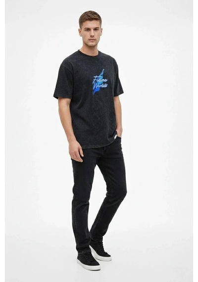 Erkek Asit Yıkamalı Oversize Tişört Bisiklet Yaka Kısa Kol T-shirt - Siyah