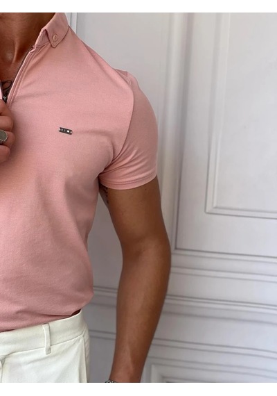 Modefendi Pamuk Likra Slim Fit Kalıp Bebe Yaka Fermuarlı Tshirt Pembe