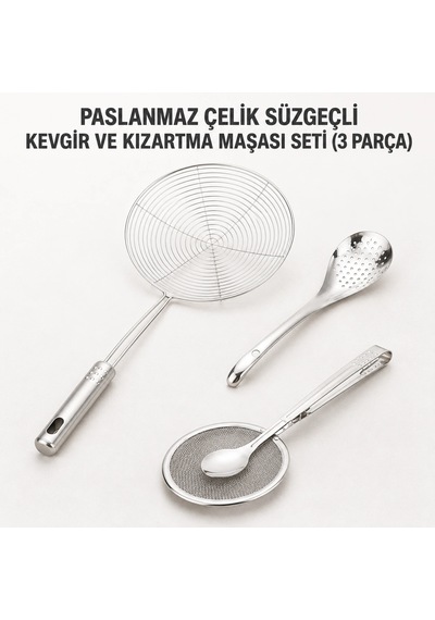 Paslanmaz Çelik Süzgeçli Kevgir Ve Kızartma Maşası Seti - 3 Parça Çok Renkli