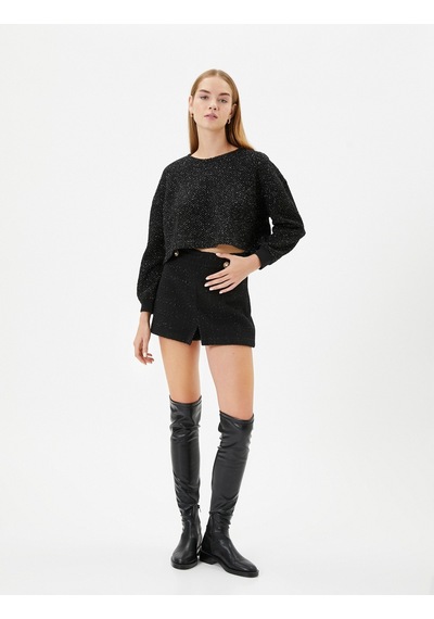 Koton Crop Oversize Tüvit Sweatshirt Uzun Kollu Bisiklet Yaka Siyah 4wal10673ık Siyah