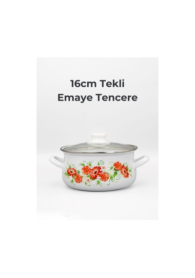 16cm Çiçek Desenli Tekli Cam Kapaklı Emaye Güveç Tencere Beyaz
