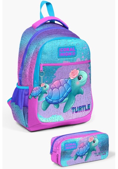 Coral High Kids Açık Pembe Mavi Kaplumbağa Desenli 2'li Okul Çanta Seti Set0223497