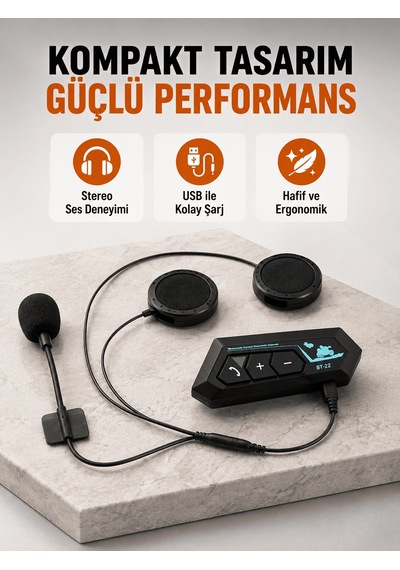 Bt22 Kablosuz Kask Kulaklığı Bluetooth 5.0, Intercom, Su Geçirmez Ve Uzun Ömürlü Batarya Yeni