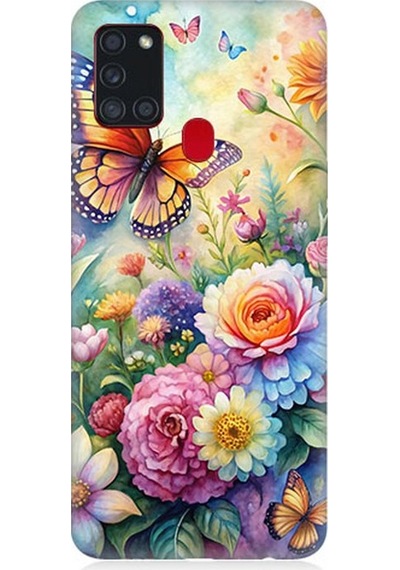 Samsung Galaxy A21s Uyumlu Çiçeklerle Dans Eden Kelebek Desenli Silikon Kılıf Çok Renkli