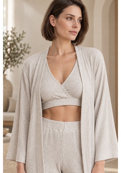 Loule Kadın Bej Melanj Kimonolu Penye Pijama Takımı Braletli 3 Parça Loule Kadın Bej Melanj Kimonolu Penye Pijama Takımı Braletli 3 Parça