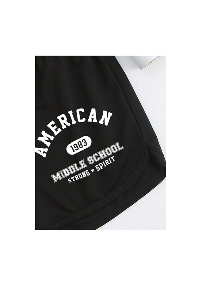 Tarzsokak Letter Graphic Drawstring Waist Track Şort Siyah