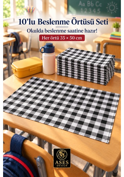 10 Lu Yıkanabilir Beslenme Örtüsü 35x50 Cm Siyah Beyaz Kareli Anaokulu Ve İlkokul