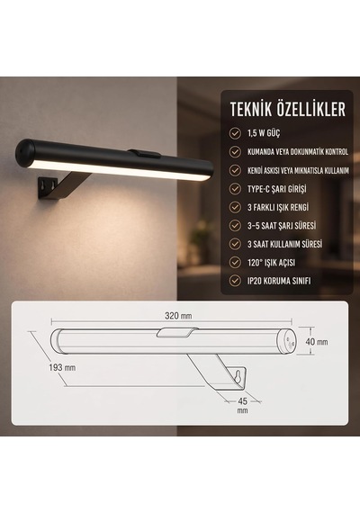 Şarjlı Duvar Tipi Led Aplik 32 Cm, 3 Renk Işık Ayarlı 6400k/4000k/3200k , Cata Şahin Modern Siyah Kasa, Kablosuz Manyetik Tablo, Ayna, Yatak Başı Ve Koridor Aydınlatması, 1.5w 5v Dc Diğer Şarjlı Duvar Tipi Led Aplik 32 Cm, 3 Renk Işık Ayarlı 6400k/4000k/3200k , Cata Şahin Modern Siyah Kasa, Kablosuz Manyetik Tablo, Ayna, Yatak Başı Ve Koridor Aydınlatması, 1.5w 5v Dc Diğer