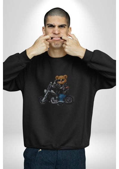 Kask Güneş Gözlüğü Motor Ayı Unisex Siyah Baskılı Sweatshirt Siyah