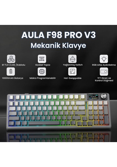 F98 Pro V3 Oled Ekranlı Crystal Switch Makrolu Kablosuz Rgb Hot-swap Gasket Pre-lubed Switch Mekanik Klavye Gradyan Gri