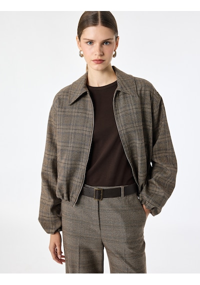 Koton Cepli Fermuarlı Ekose Oversize Bomber Ceket Kahverengi Ekose 7wak50019pw