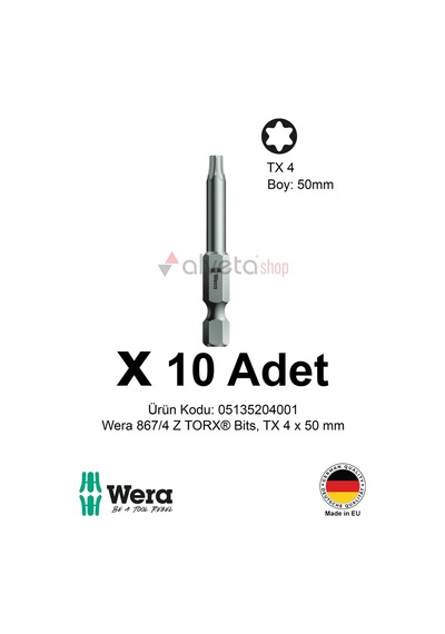 Alveta Wera 867/4 Z Torx Tx4 X 50mm Tornavida Ucu 10 Adet Torx Vidalama Bits Seti Profesyonel Seri