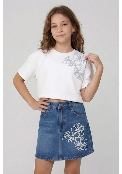 Dmb Kids Kız Çocuk Nakışlı Kot Şort Etek Dmb-0792 İndigo