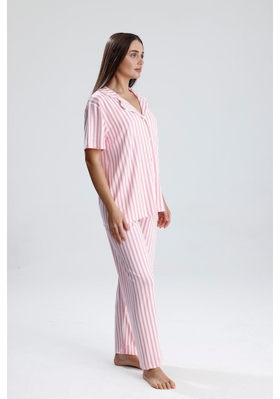 Kompedan Çizgili Önden Düğmeli Kadın Pijama Takımı -  Pembe