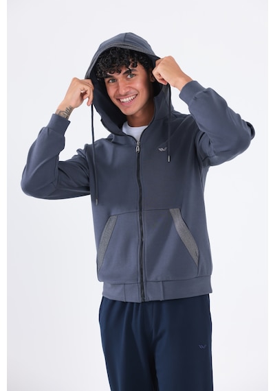 Rowinger Modal Kumaş Kapüşonlu Fermuarlı Kontrast Detaylı Erkek Sweatshirt Antracite