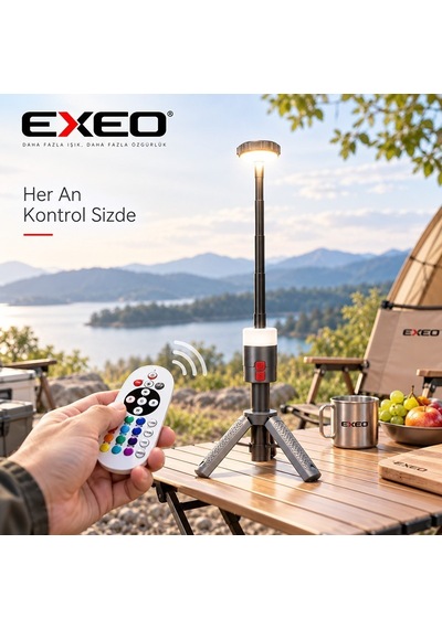 Exeo Şarjlı Kamp Feneri Teleskopik Lamba Rgb Led Işık Kumandalı 10000 Mah Powerbank Özellikli Gümüş