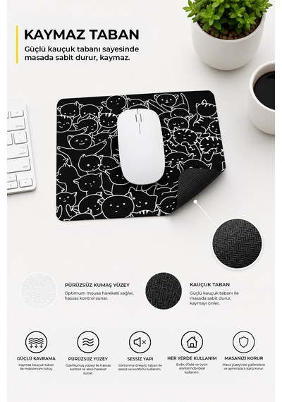 Sevimli Kediler Siyah Beyaz Mouse Pad -23 Cm X 19 Cm- Kaydırmaz Taban Ev Ve Ofis Kullanımı Mousepad