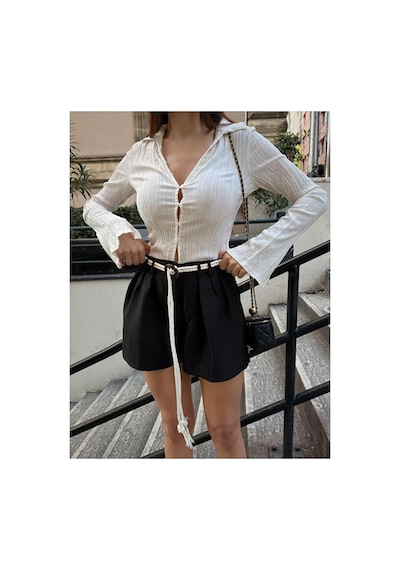 Nido Moda Kadın Örgü Kemerli Pileli Mini Şort Siyah